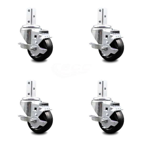 3 Inch Hard Rubber Wheel Swivel 3/4 Inch Square Stem Caster Set with Brake SCC